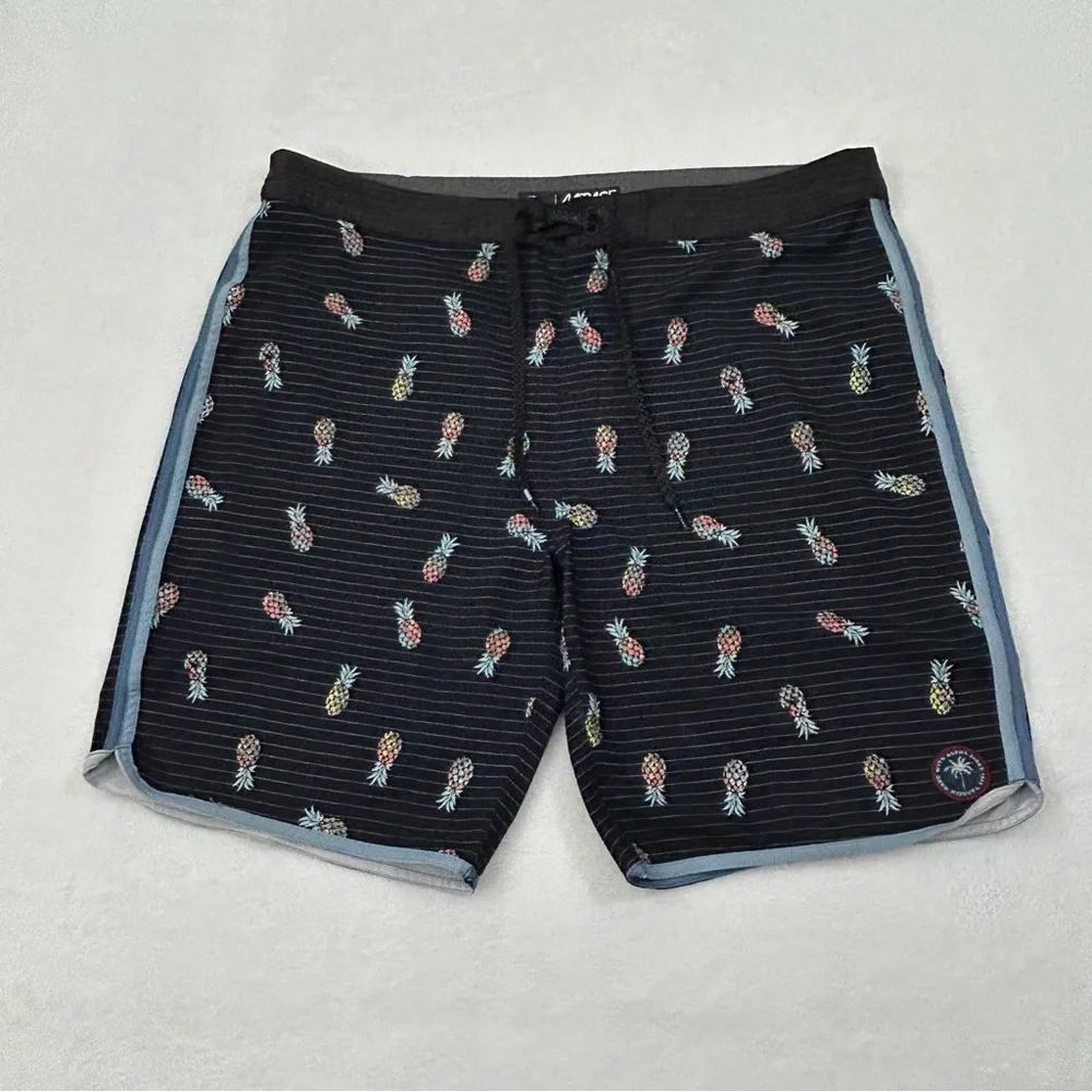 Rip Curl Mirage Black Striped Pineapple Design Surf Swim Trunks Board Shorts 38
